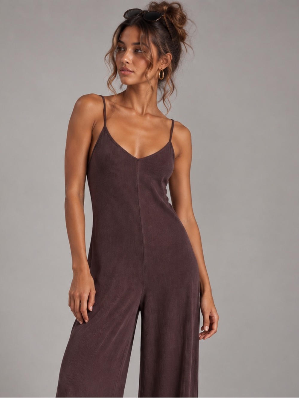 Meshki Basics Plum Wide-Leg Spaghetti Strap Ribbed Jumpsuit Sz Med - Picture 2 of 10